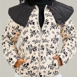 NWT Floral Black and Cream Women's zip up
puffer Jacket with oversized collar